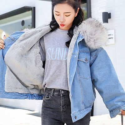 Fur Trim Hoodie Cotton Liner Long Denim Jackets