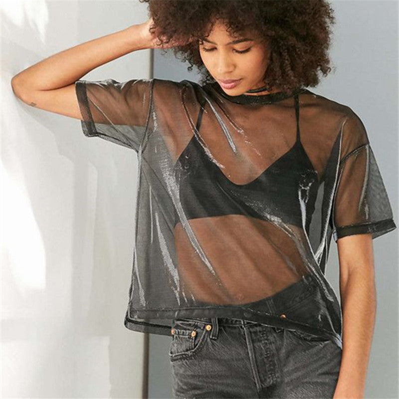 Mesh Hollow Out Lace Short Sleeve O-Neck Casual Crop Tops