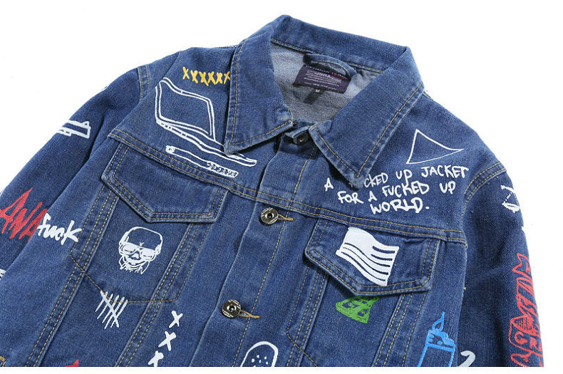 Hip Hop Fashion Printed Denim Jacket 2 Colors