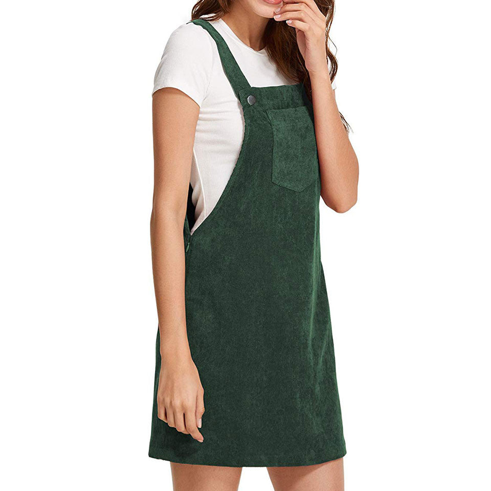 Women Casual Sleeveless Pocket Retro Corduroy Dress