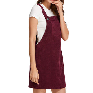 Women Casual Sleeveless Pocket Retro Corduroy Dress