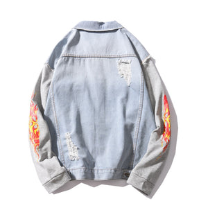 Flame Sleeve Patchwork Denim Jacket