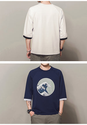 Japanese Style Wave Printed Cotton T-shirt