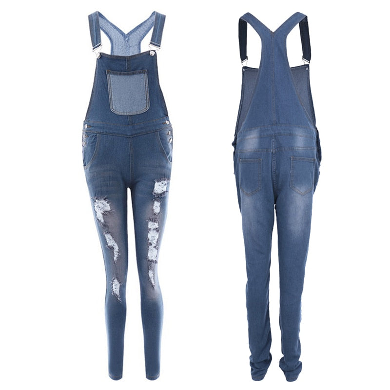 Denim Jumpsuit Ripped Holes Casual Jeans