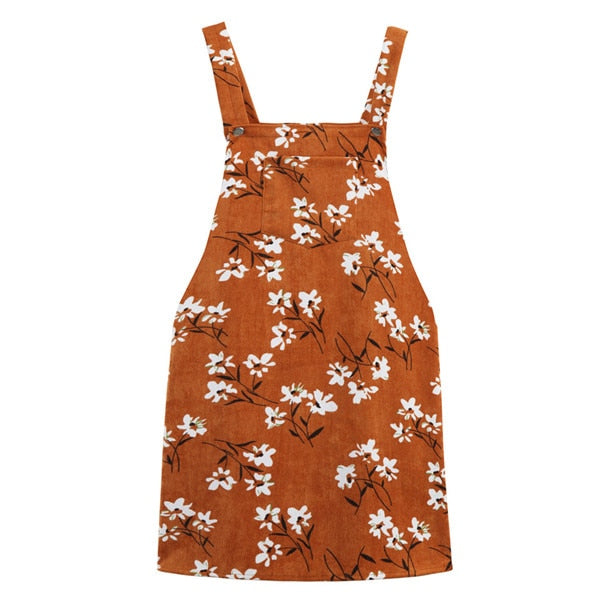 Women Floral Retro Corduroy Suspender Skirts