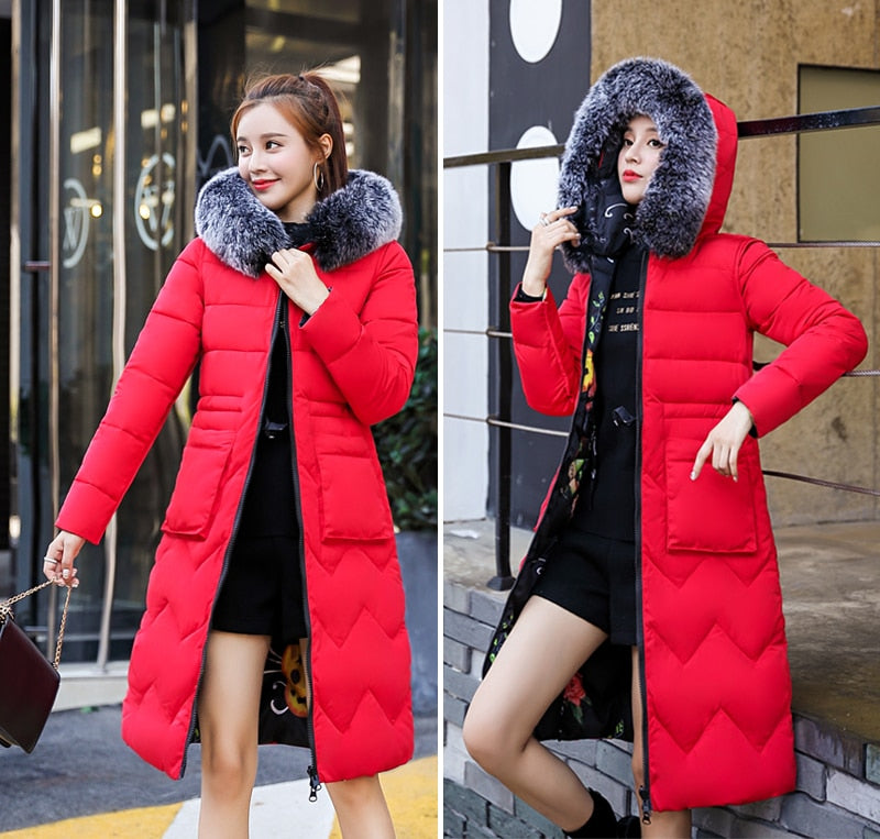 Jacket With Fur Hooded Long Padded Female Coat