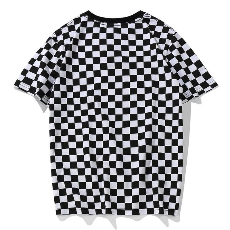 Black and White Lattice Basic Cotton O Neck Patchwork Embroidery Chess T-Shirt