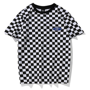 Black and White Lattice Basic Cotton O Neck Patchwork Embroidery Chess T-Shirt