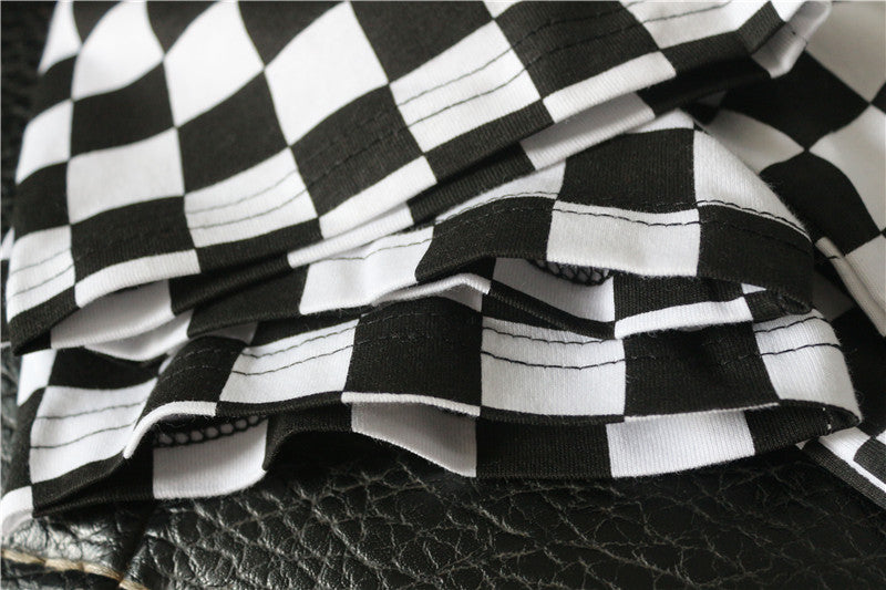Black and White Lattice Basic Cotton O Neck Patchwork Embroidery Chess T-Shirt
