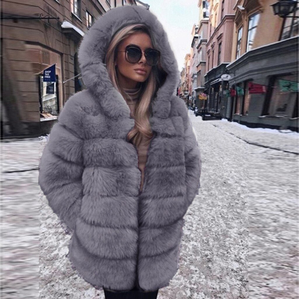 Fashion Luxury Faux Fur Coat Hooded