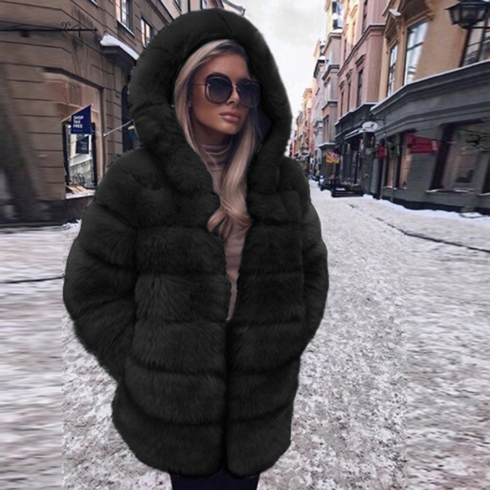 Fashion Luxury Faux Fur Coat Hooded