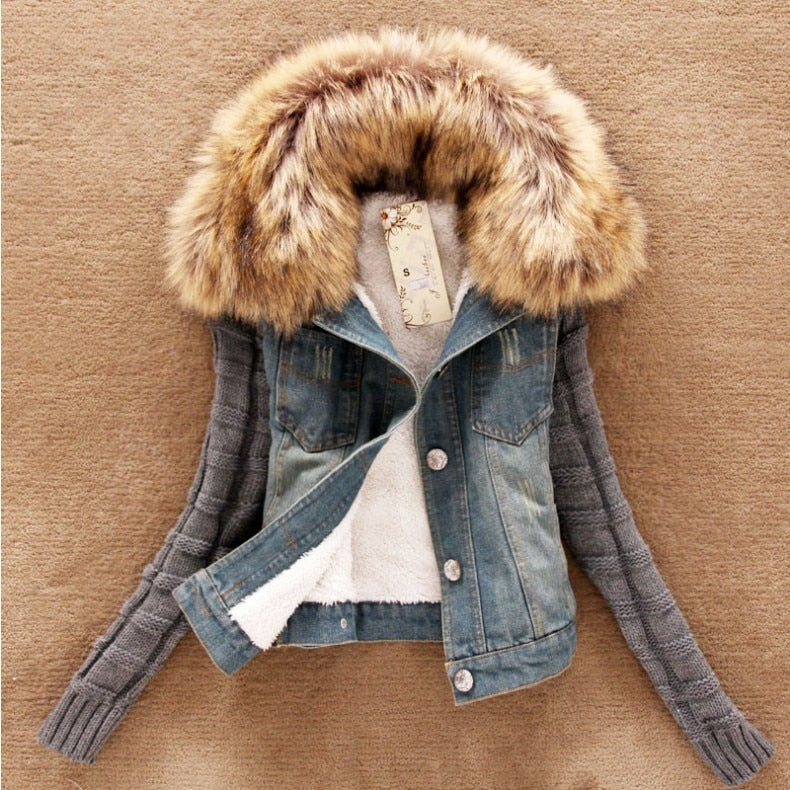 Women Spring Denim Jacket faux fur Coat