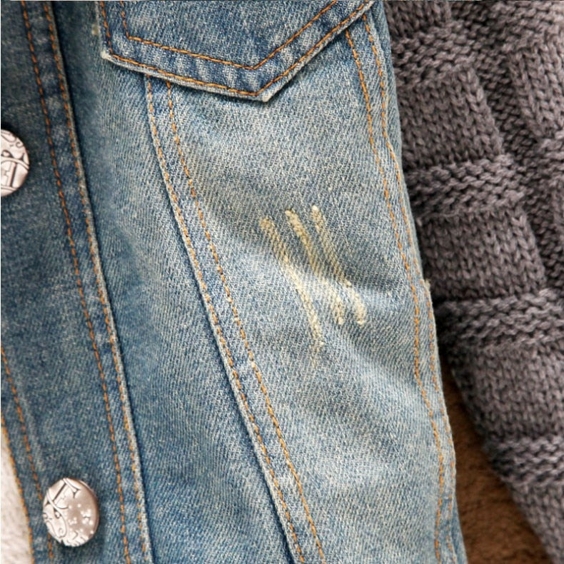 Women Spring Denim Jacket faux fur Coat