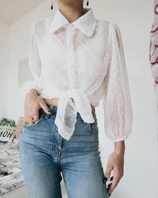 Women Mesh Sheer Blouse In 2 Colors