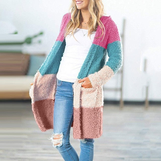 Soft Cardigan Patchwork Chunky Knitted Pocket Sweater