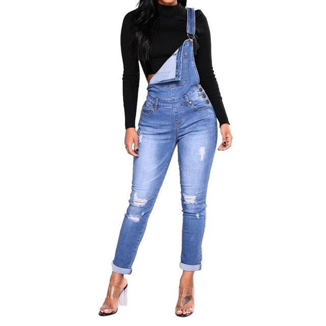 Denim Jumpsuit Ripped Holes Casual Jeans