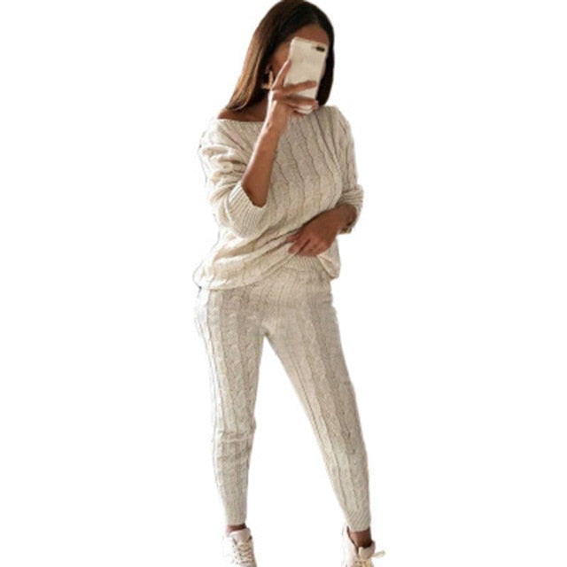 Top+Pants Knitted Suit O-Neck Women Outwear 2 Piece Set