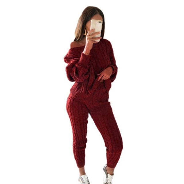 Top+Pants Knitted Suit O-Neck Women Outwear 2 Piece Set