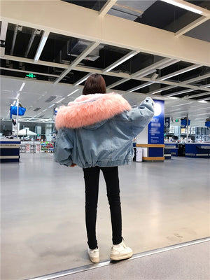 Fur Trim Hoodie Cotton Liner Long Denim Jackets