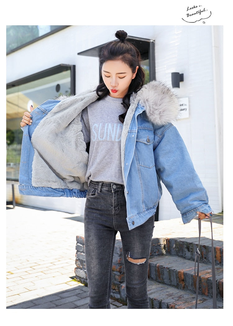 Fur Trim Hoodie Cotton Liner Long Denim Jackets