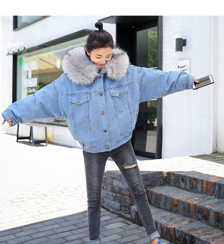 Fur Trim Hoodie Cotton Liner Long Denim Jackets