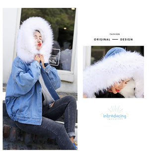 Fur Trim Hoodie Cotton Liner Long Denim Jackets