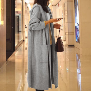 Long Cardigan Women Loose Knit Hooded Sweater In Grey & Black