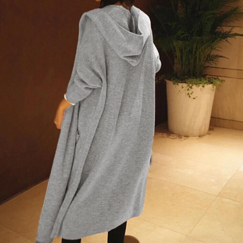 Long Cardigan Women Loose Knit Hooded Sweater In Grey & Black