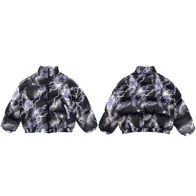 Lightning Print Streetwear Men Windbreaker Padded Jacket