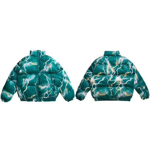 Lightning Print Streetwear Men Windbreaker Padded Jacket