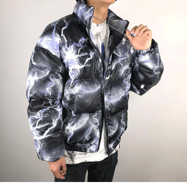 Lightning Print Streetwear Men Windbreaker Padded Jacket