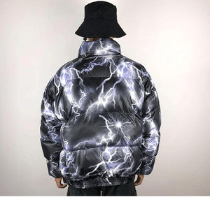 Lightning Print Streetwear Men Windbreaker Padded Jacket