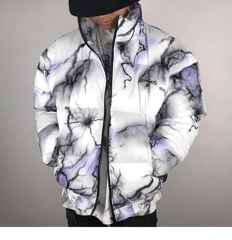 Lightning Print Streetwear Men Windbreaker Padded Jacket