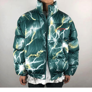 Lightning Print Streetwear Men Windbreaker Padded Jacket