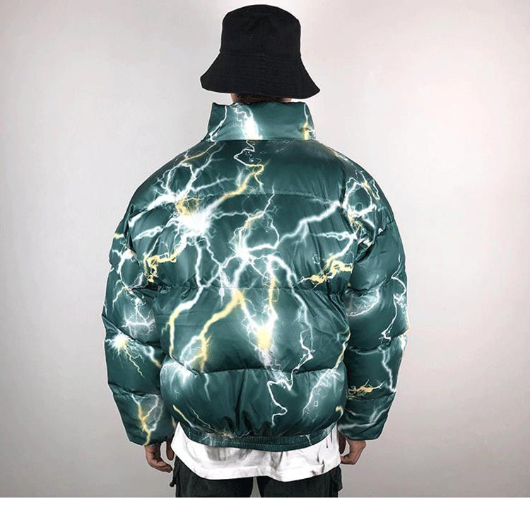 Lightning Print Streetwear Men Windbreaker Padded Jacket