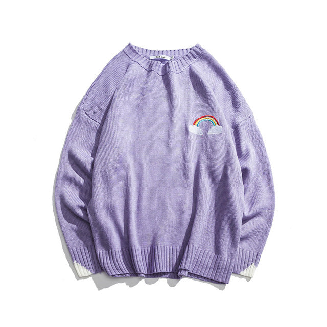 Rainbow Embroidery Pullover Preppy Style Sweater