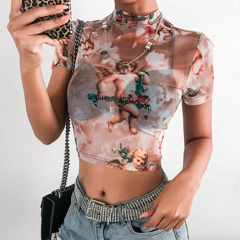 Angel Print Mesh Sexy Crop Top