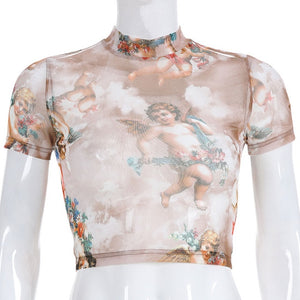 Angel Print Mesh Sexy Crop Top