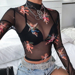 Long Sleeve Sheer Slim Ladies Turtleneck Crop Top