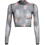 Long Sleeve Sheer Slim Ladies Turtleneck Crop Top