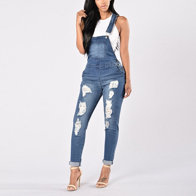 Denim Jumpsuit Ripped Holes Casual Jeans