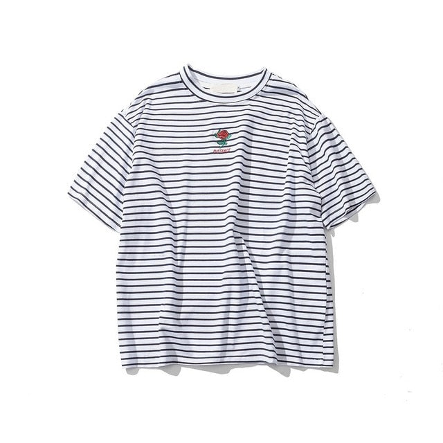 Rose Embroidery Striped T-shirt
