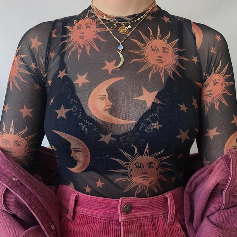 Sun Moon Printed Transparent Mesh Sexy Top