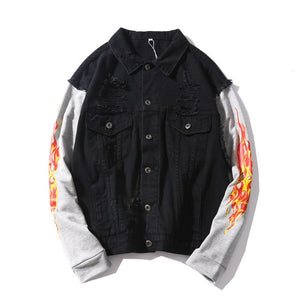 Flame Sleeve Patchwork Denim Jacket