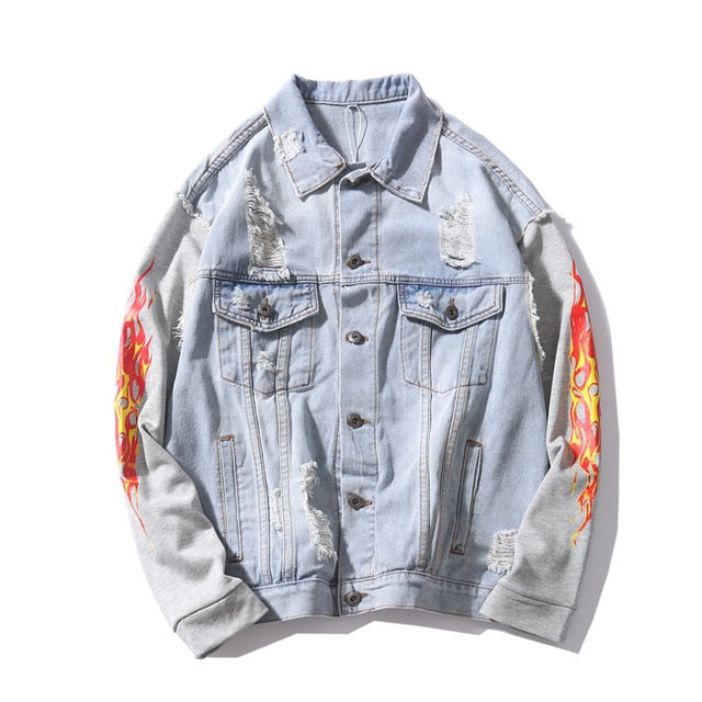 Flame Sleeve Patchwork Denim Jacket