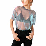 Mesh Hollow Out Lace Short Sleeve O-Neck Casual Crop Tops