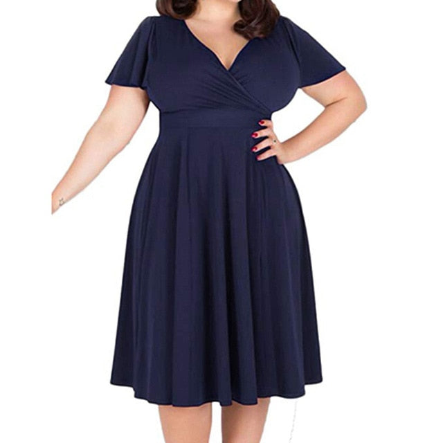 Elegant Plus Size Short Sleeve V-Neck Party Sundress