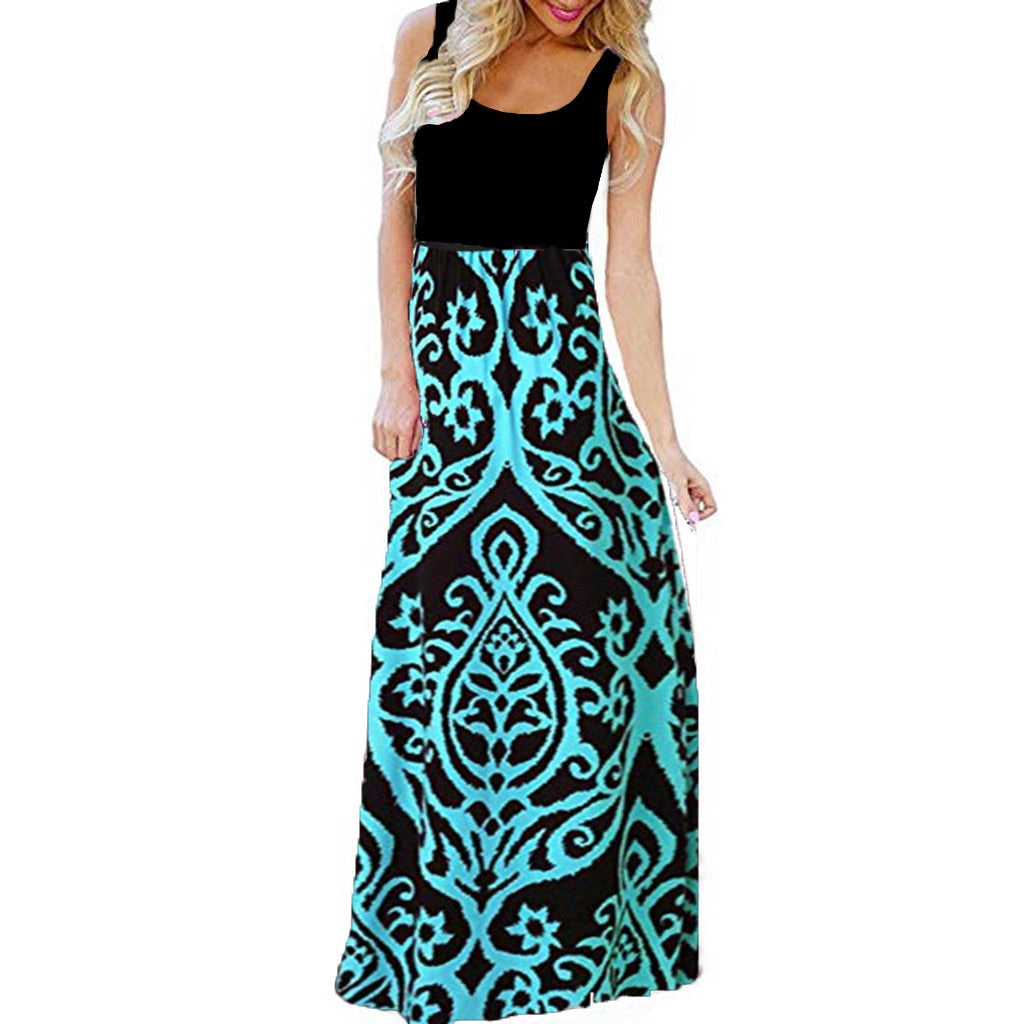 Sleeveless Flower Pattern Print Maxi Sundress