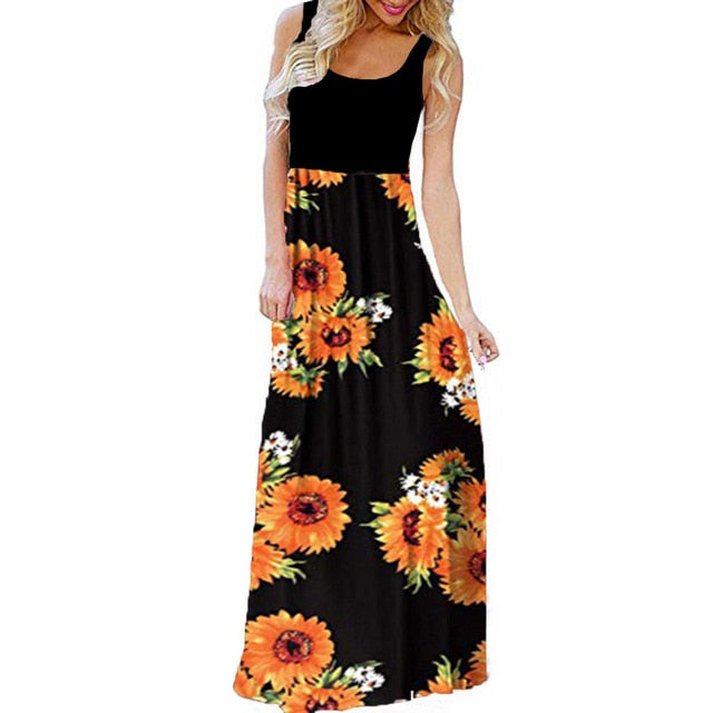 Sleeveless Flower Pattern Print Maxi Sundress