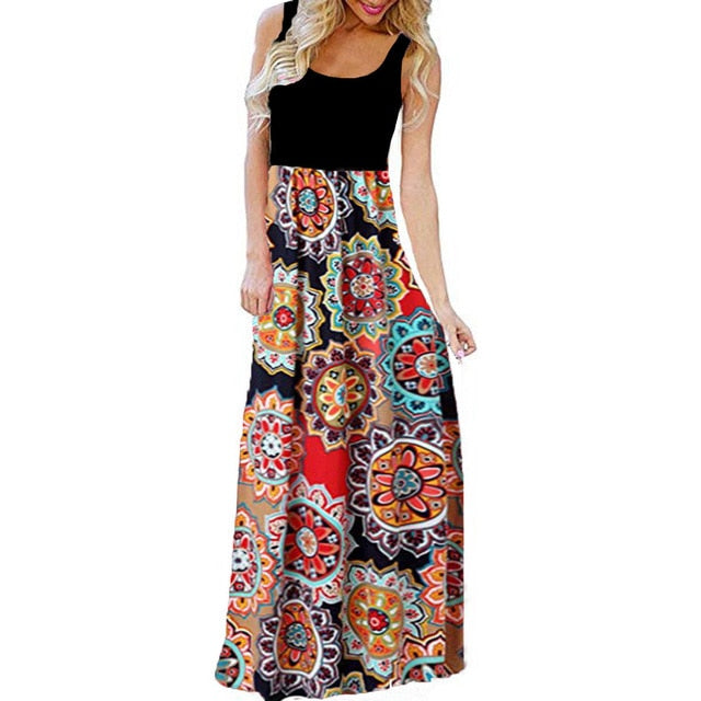 Sleeveless Flower Pattern Print Maxi Sundress